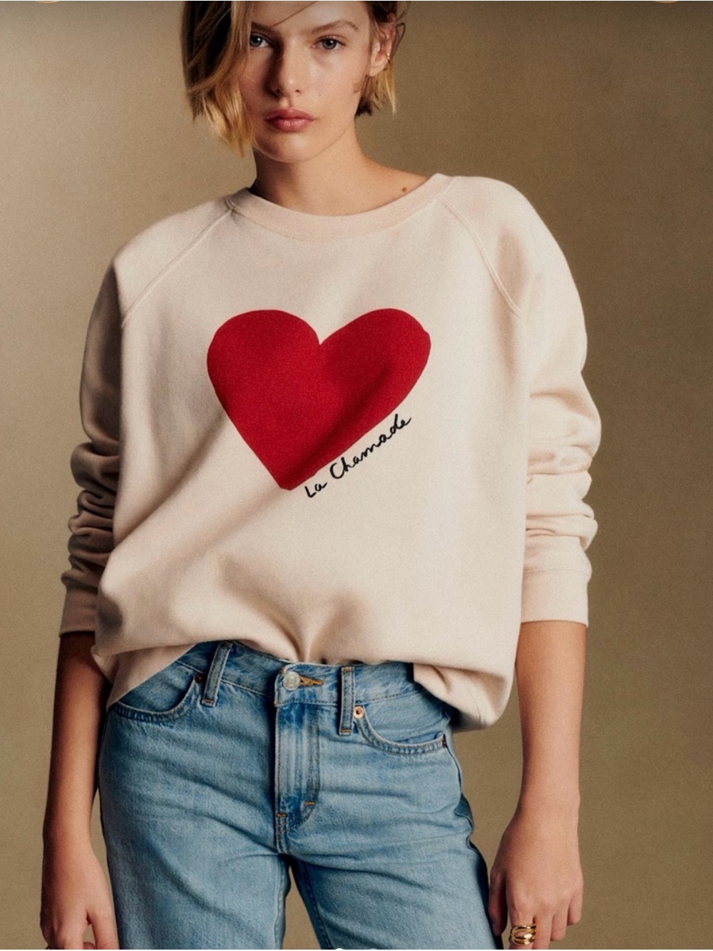 Sezane LaChamade Cream Sweatshirt with Red Heart Graphic